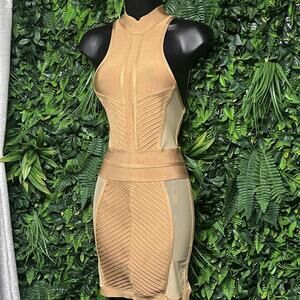 HOUSE OF CB Dress Women Small Gold Sandrine Fitted Bodycon Sheer Panel 2756‎
